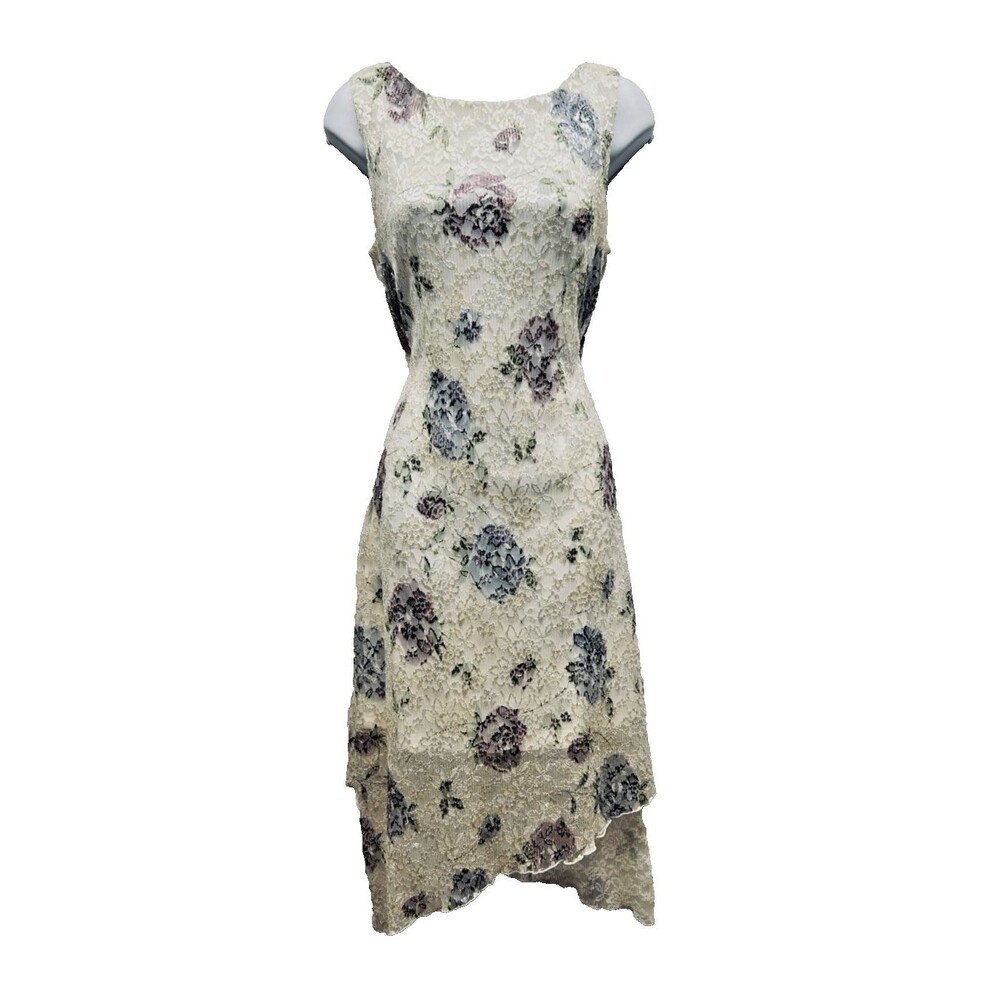 Vtg Women 9/10 Maxi Floral Lace Overlay Lined Dress Sleeveless Asymmetrical
